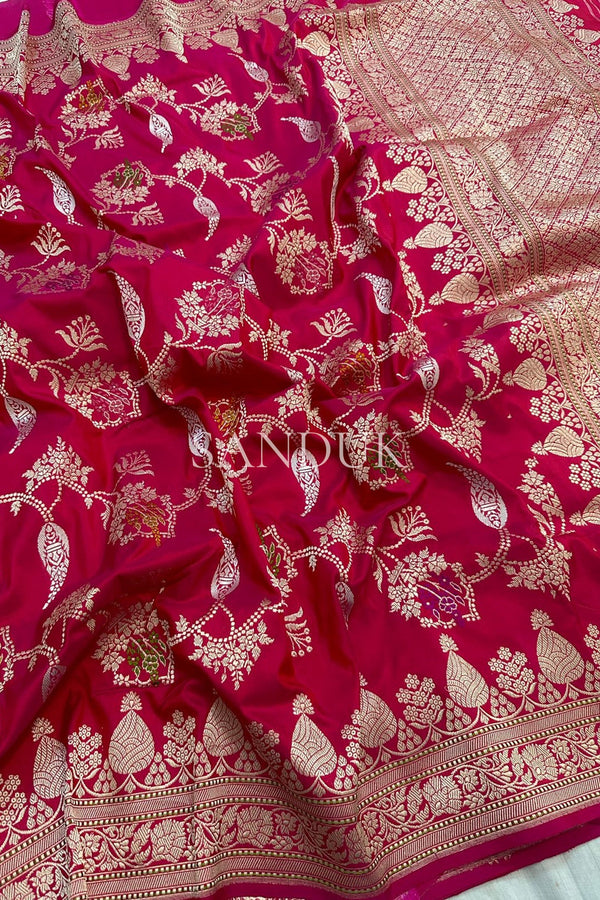Ruby Red Katan Silk Jangla Saree