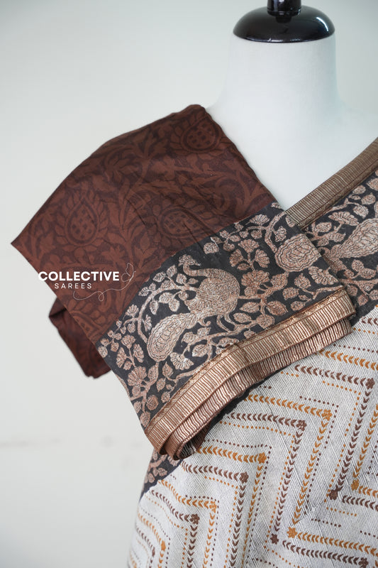 Semi Modal Silk Saree — Beige & Coffee Brown — product view 2