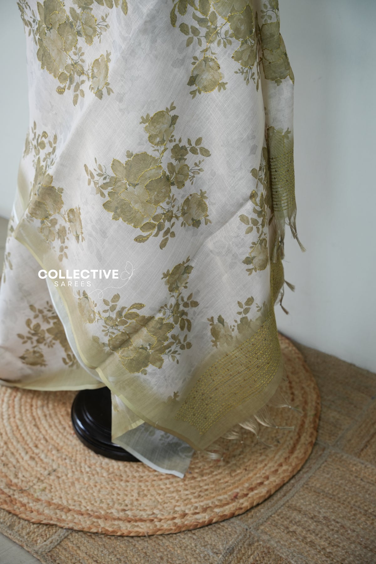 Soft Tissue Saree — Off-White & Pastel Green Floral — product view 3