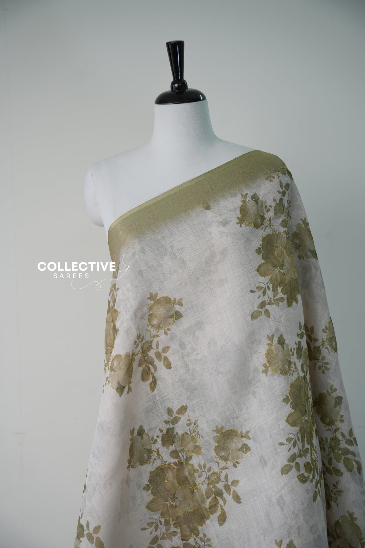 Soft Tissue Saree — Off-White & Pastel Green Floral — product view 2