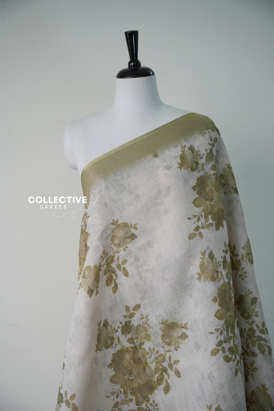 Soft Tissue Saree — Off-White & Pastel Green Floral — product view 2