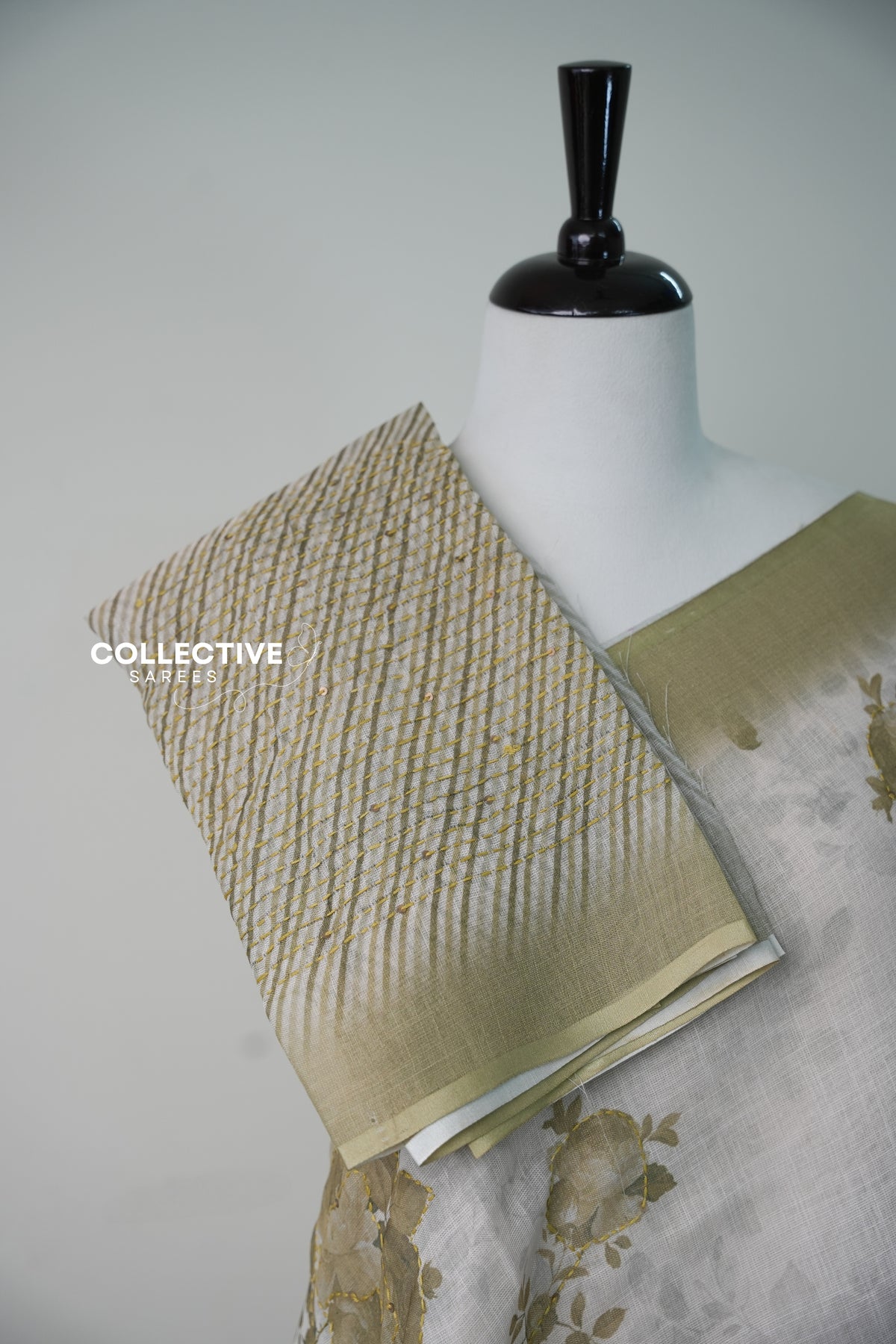 Soft Tissue Saree — Off-White & Pastel Green Floral — product view 4