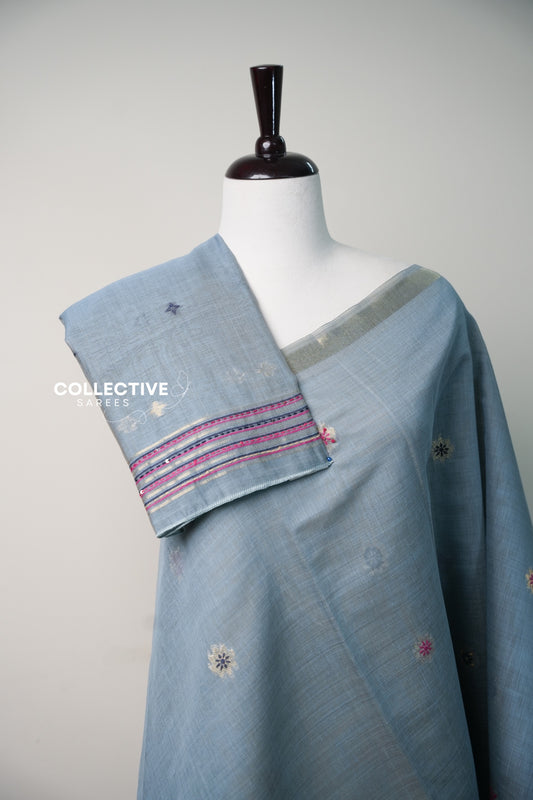 Grey chanderi cotton saree pleats and blouse piece with pink and navy stitched stripes