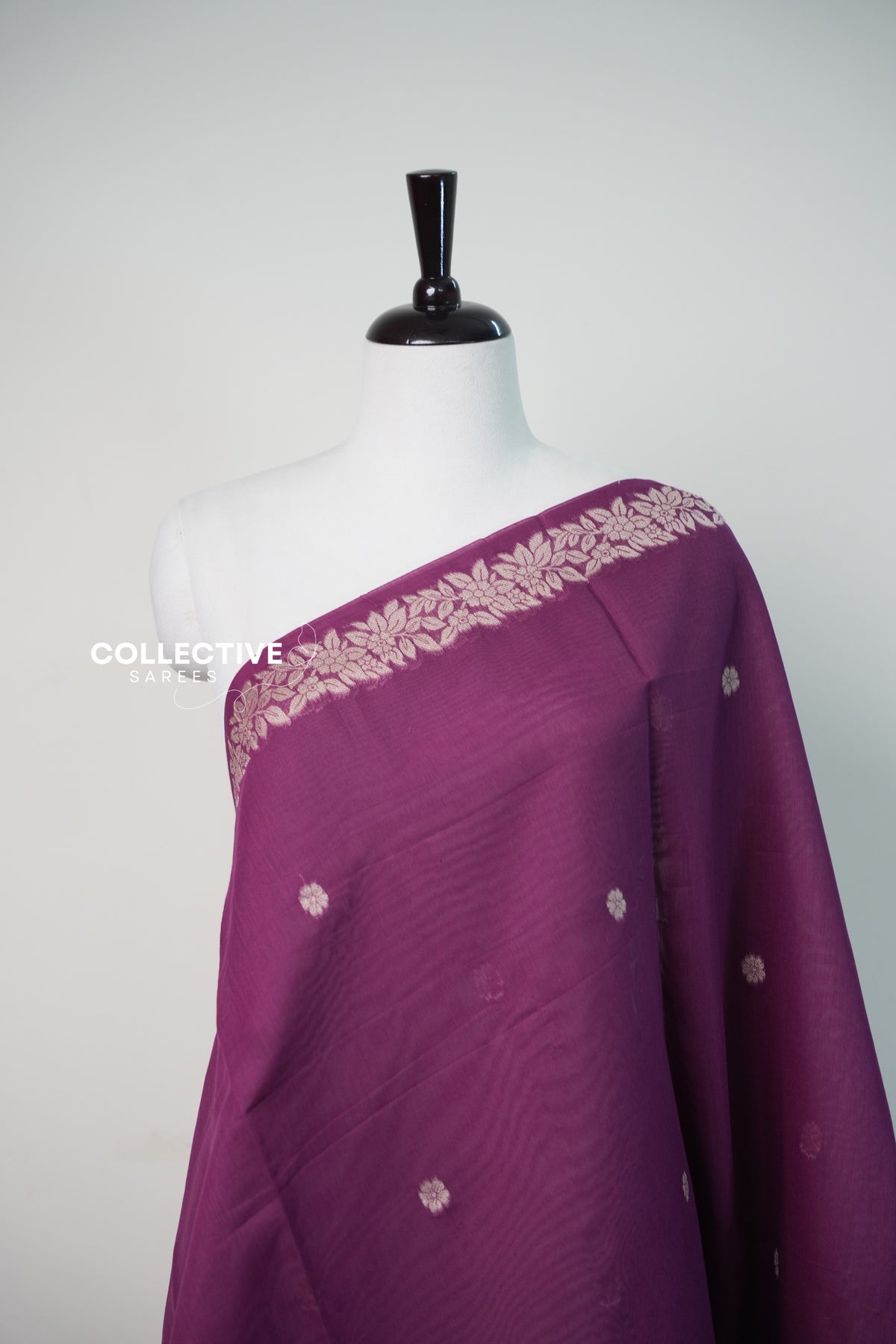 Purple chanderi cotton saree floral vine border and woven buttis close-up