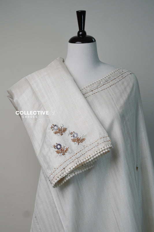 Beige dupion saree pleats and blouse piece with embroidered flowers