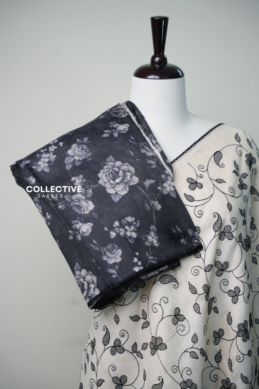 Off-white and black Kota Doria saree with floral and vine motifs — view 2