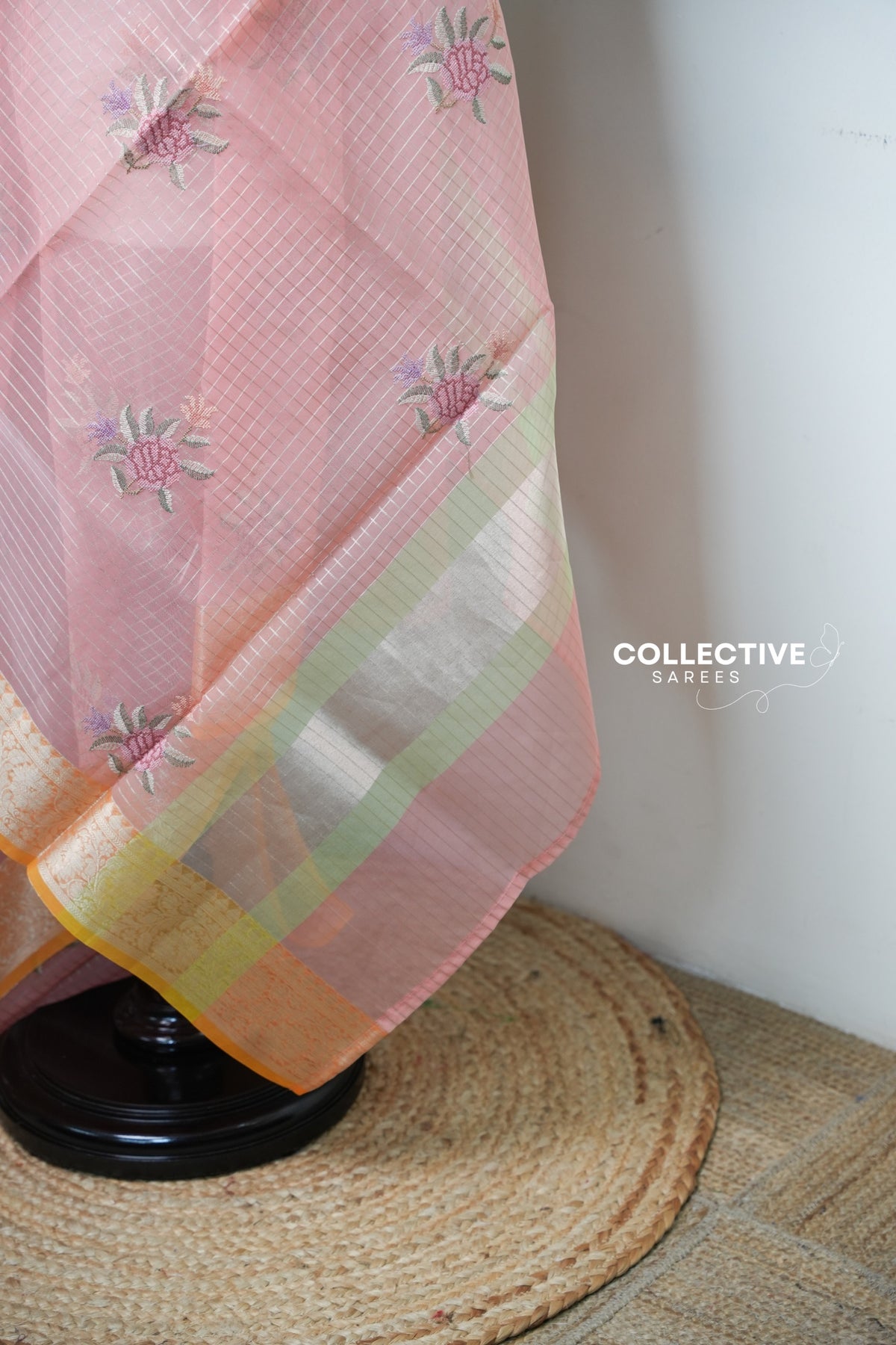 Salmon peach organza saree pallu with pistachio and yellow colour bands