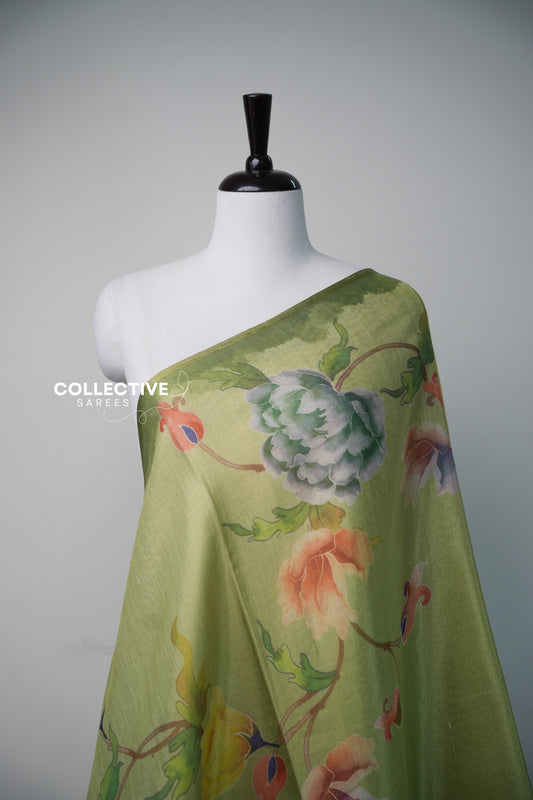 Apple green semi tissue saree sage peony and coral rose print close-up