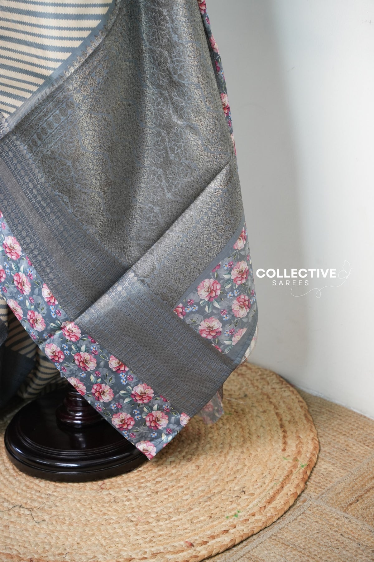 Dark ash soft tissue saree patterned pallu detail