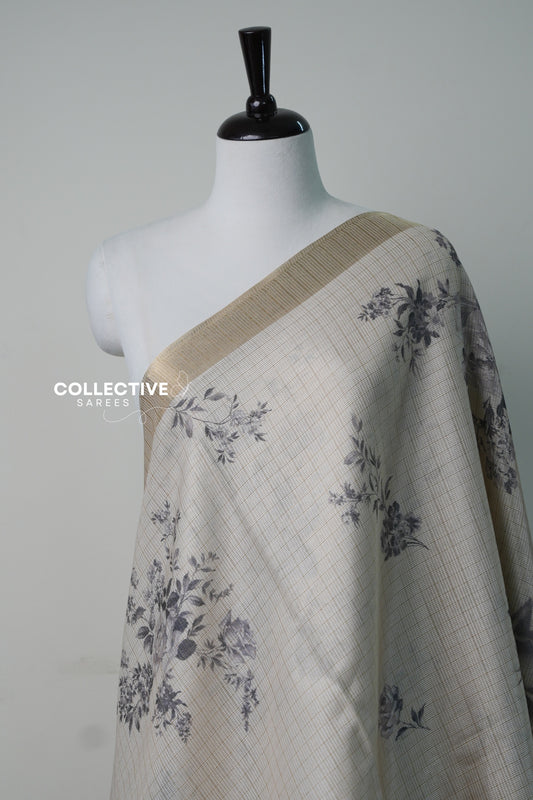 Semi tissue saree warm grey floral print on check weave close-up