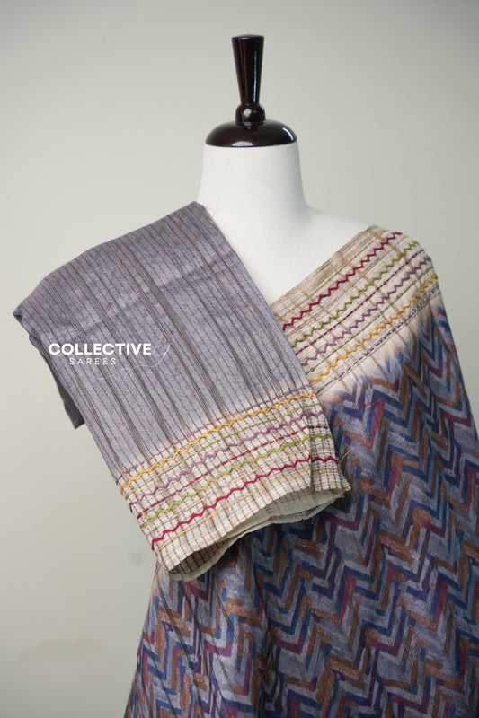 Multicolour Semi Tussar saree with chevron pattern and Kantha work