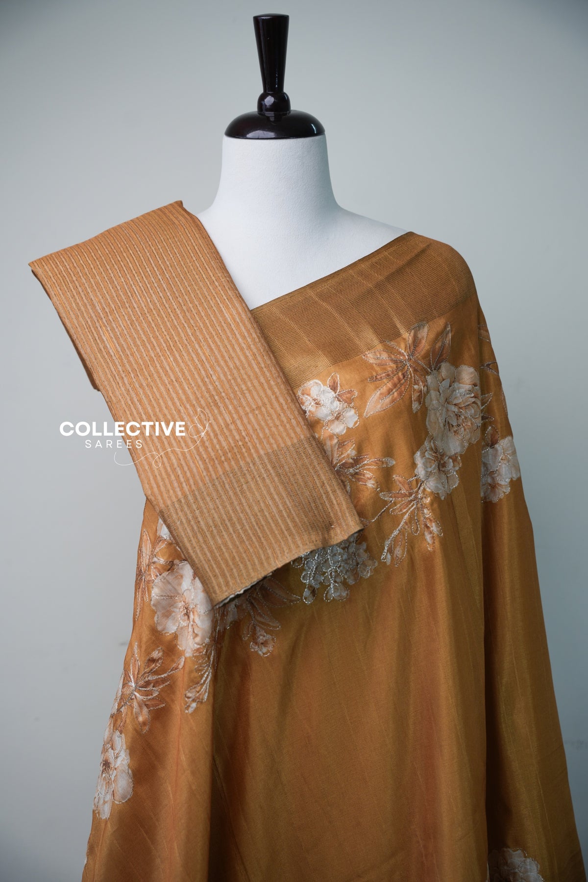 Mustard semi tussar saree with striped blouse piece