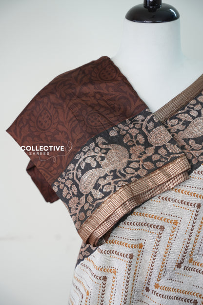 Semi Modal Silk Saree — Beige & Coffee Brown — product view 2