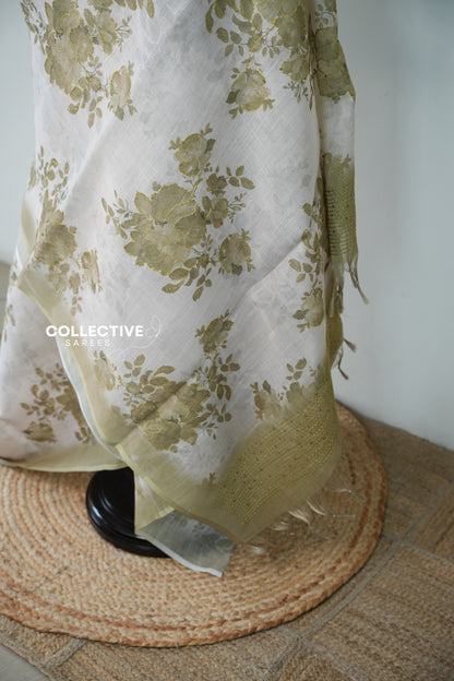 Soft Tissue Saree — Off-White & Pastel Green Floral — product view 3