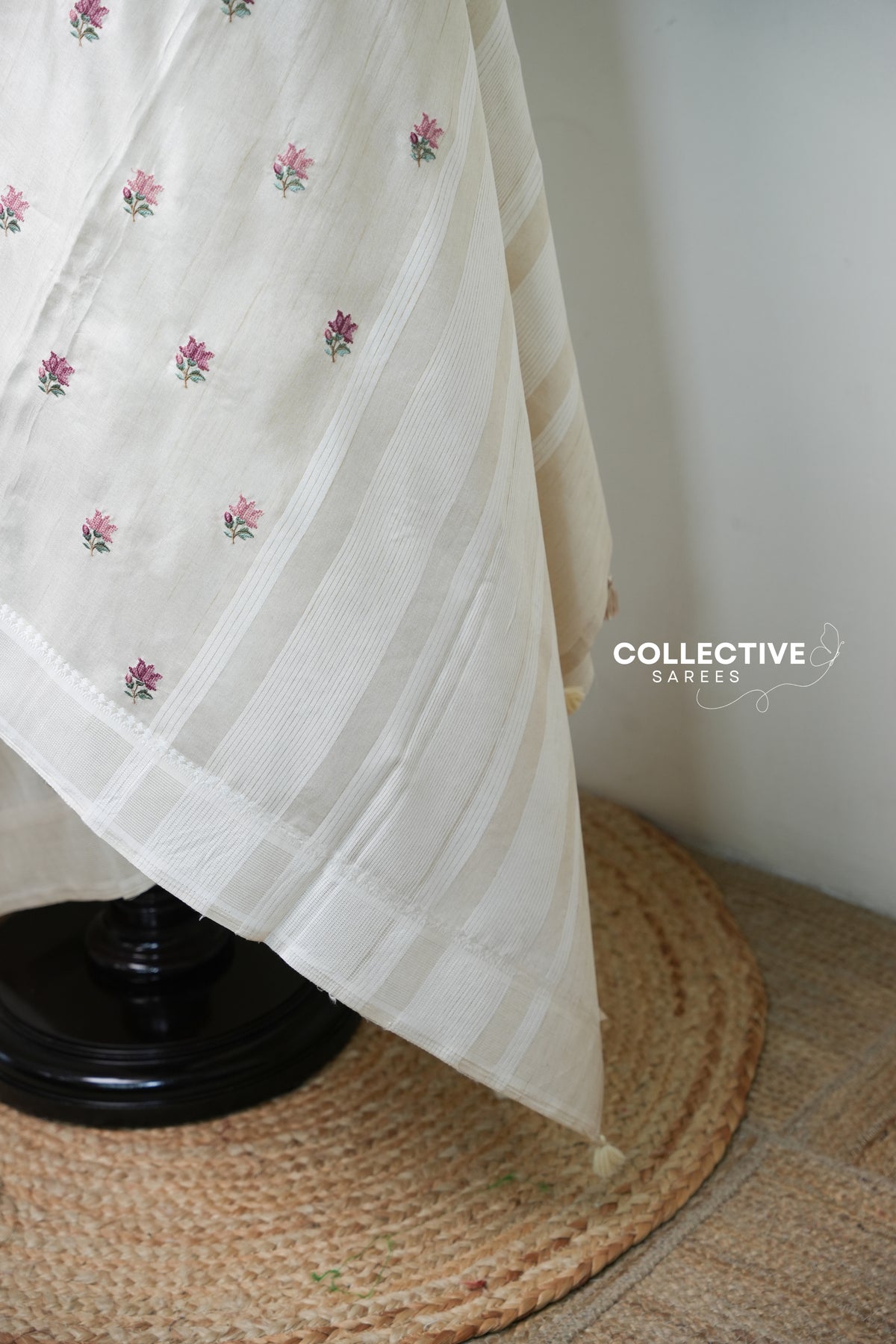 Off-white semi tussar saree striped border and tasselled pallu