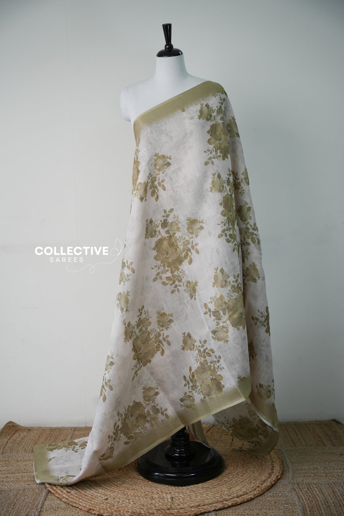 Soft Tissue Saree — Off-White & Pastel Green Floral — product view 1