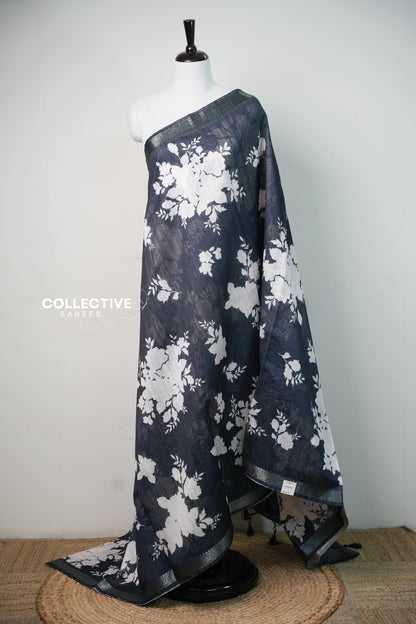 Black chanderi saree with white floral print and zari border, full drape