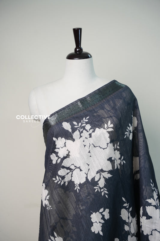 Black chanderi saree white floral print close-up with zari border