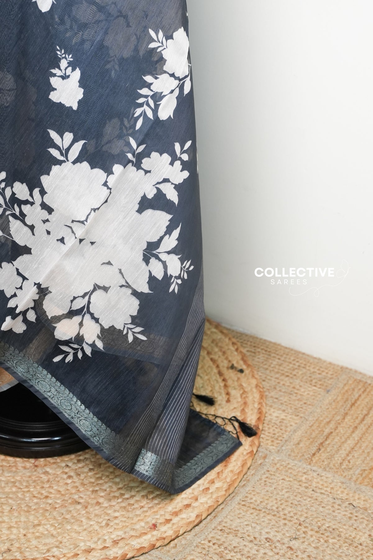 Black chanderi saree pallu with white florals and tassels