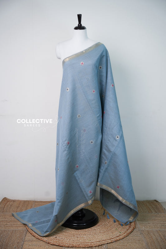 Grey chanderi cotton saree with zari border and floral buttis, full drape