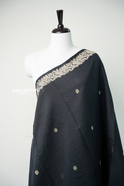 Black chanderi cotton saree floral vine border and buttis close-up