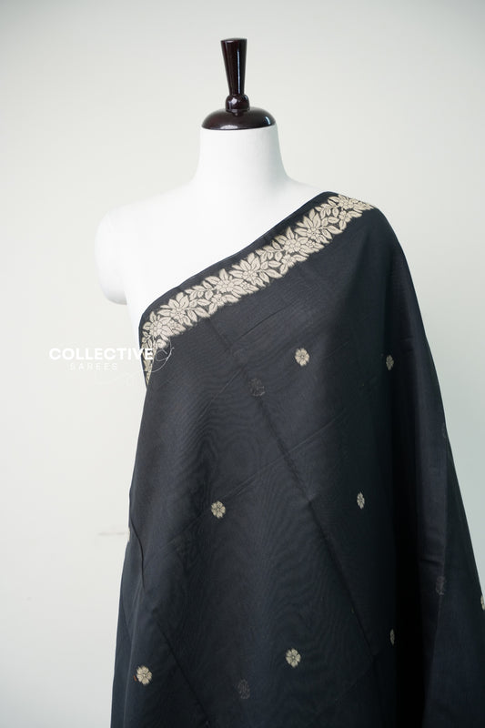 Black chanderi cotton saree floral vine border and buttis close-up