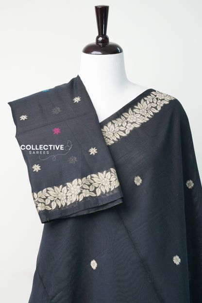 Black chanderi cotton saree with matching blouse piece and floral border