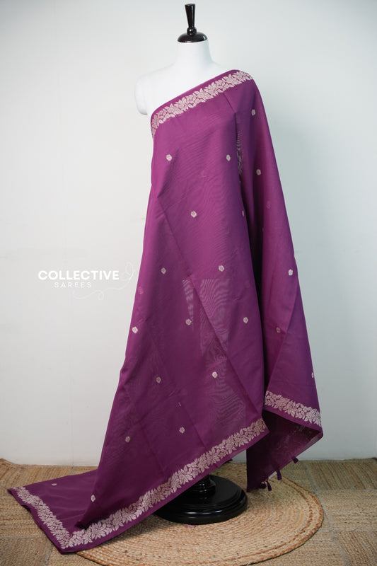 Purple chanderi cotton saree with floral zari border and buttis, full drape