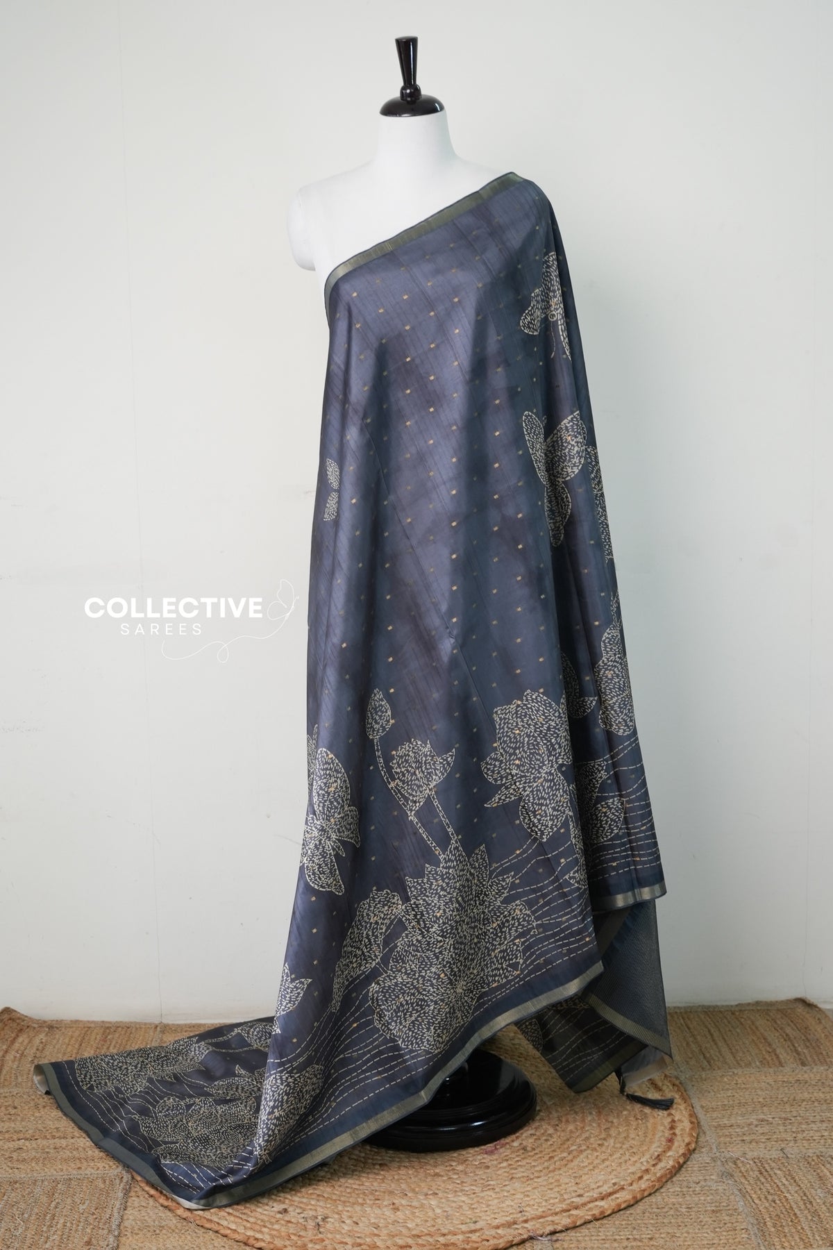 Grey dupion silk saree with ivory lotus and butterfly motifs, full drape
