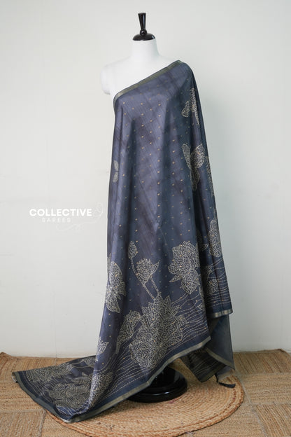 Grey dupion silk saree with ivory lotus and butterfly motifs, full drape