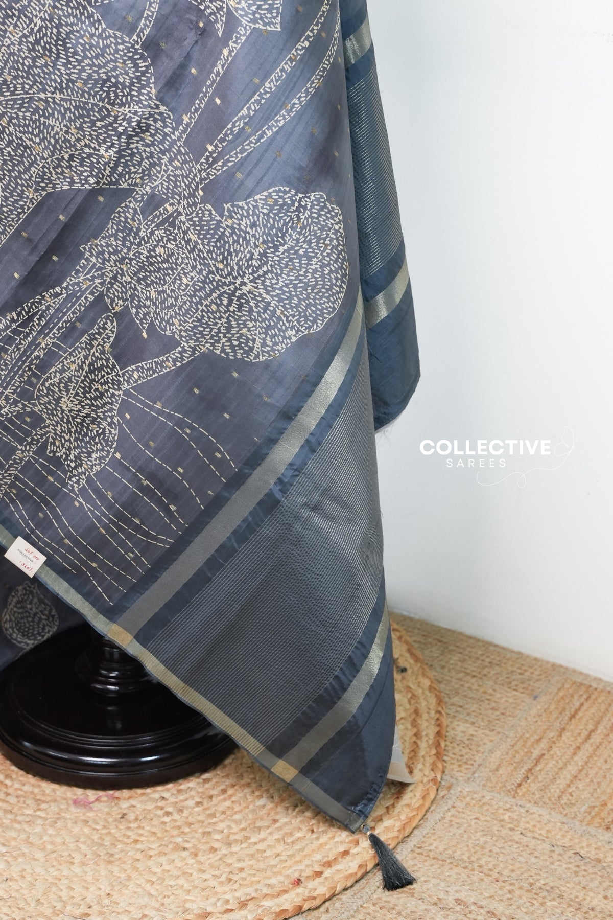 Grey dupion silk saree striped zari pallu with lotus motif and tassel