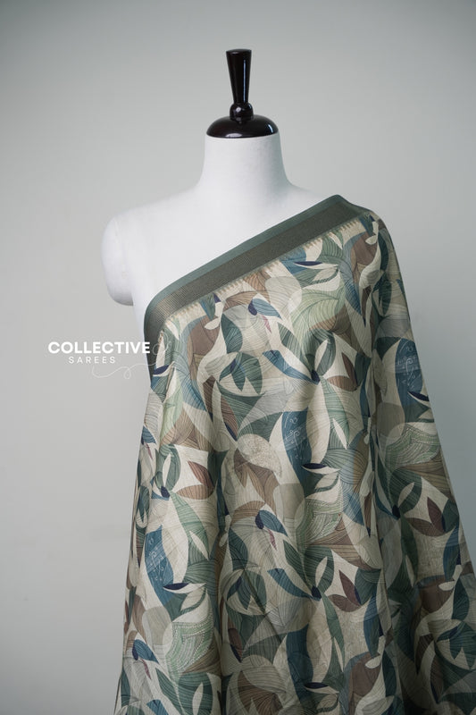 Earthy green dupion saree leaf print close-up in sage, teal and taupe