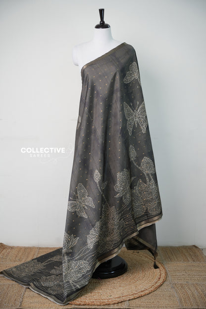 Teal green dupion silk saree with ivory butterfly and lotus motifs, full drape
