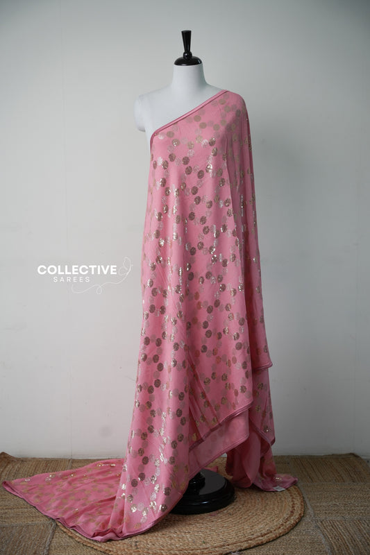 Blush pink sequin georgette saree with rose-gold sequin dots, full drape