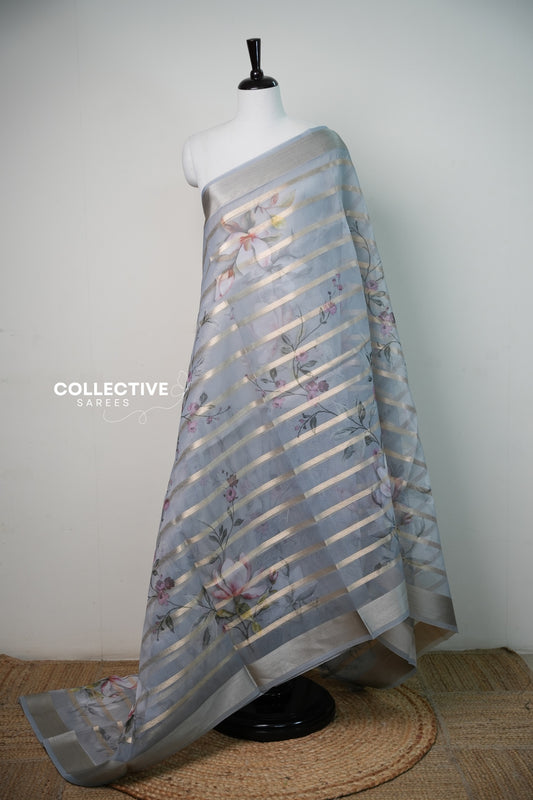 Ash organza saree with magnolia print and diagonal gold zari stripes, full drape