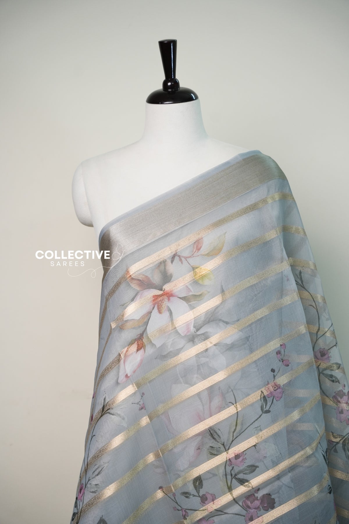 Ash organza saree watercolour magnolia and zari stripe close-up