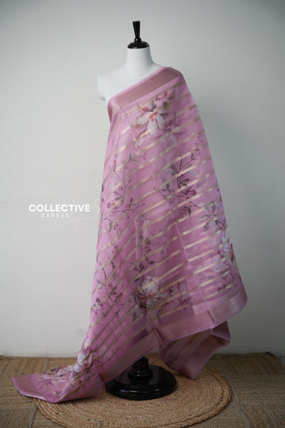 Pink organza saree with magnolia print and diagonal gold zari stripes, full drape