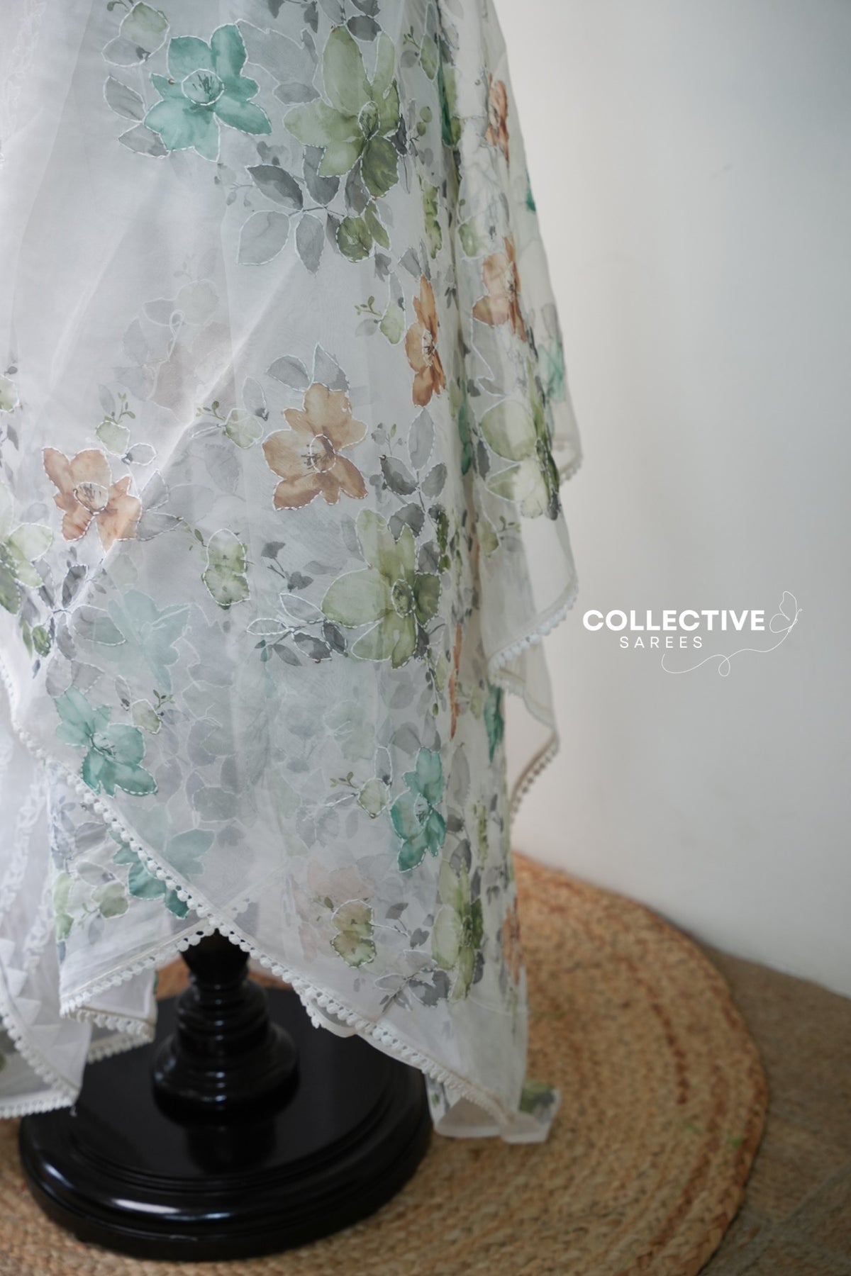 White organza saree with floral detailing and pastel floral pallu — view 3