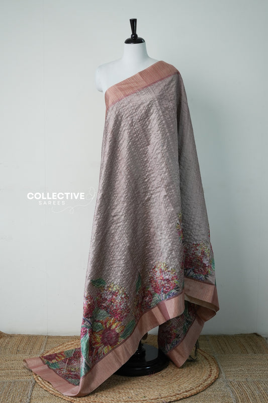 Mocha brown semi tussar saree with watercolour floral border and dusty rose zari border, full drape