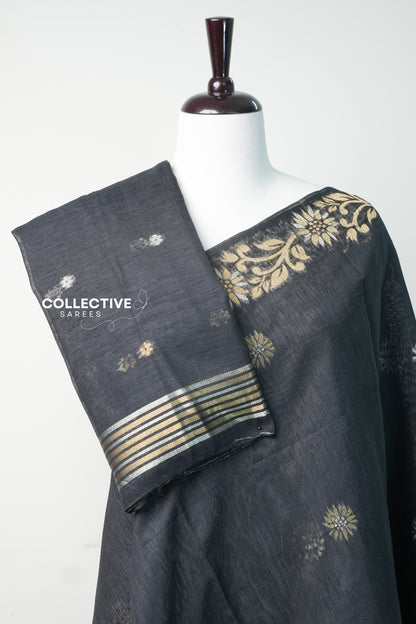 Black semi jute silk saree pleats and striped blouse piece