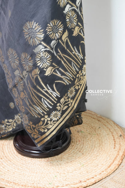 Black semi jute silk saree sunflower pallu with tassels
