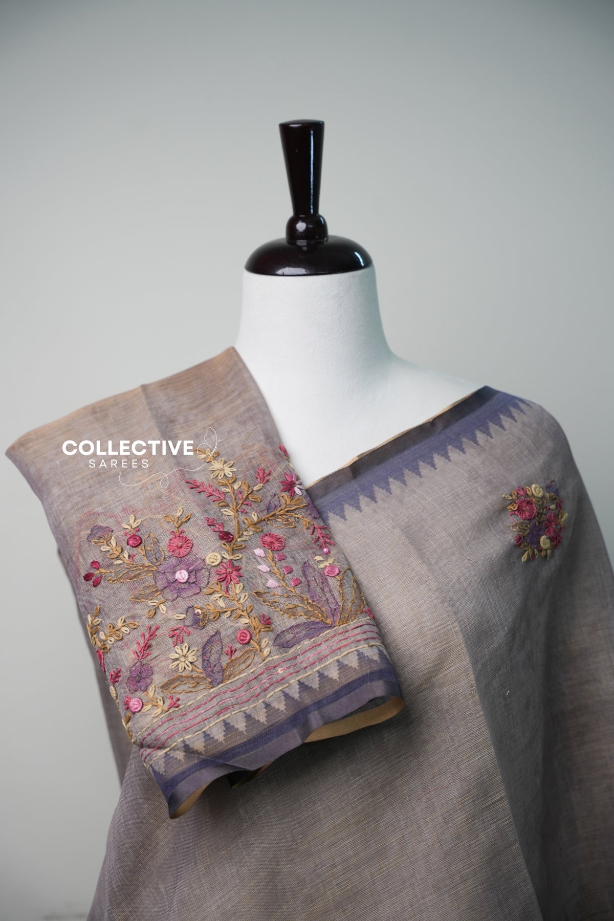 Light ash semi tissue saree pleats with embroidered blouse piece