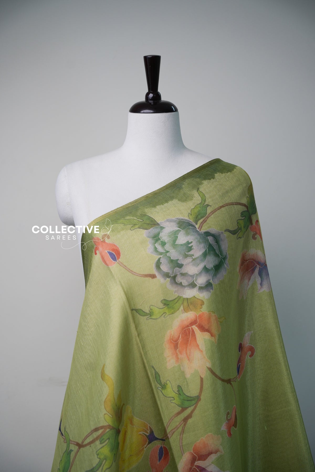 Apple green semi tissue saree sage peony and coral rose print close-up