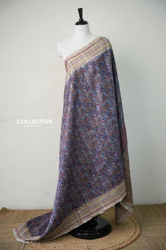 Multicolour Semi Tussar saree with chevron pattern and Kantha work