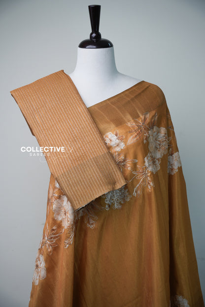 Mustard semi tussar saree with striped blouse piece