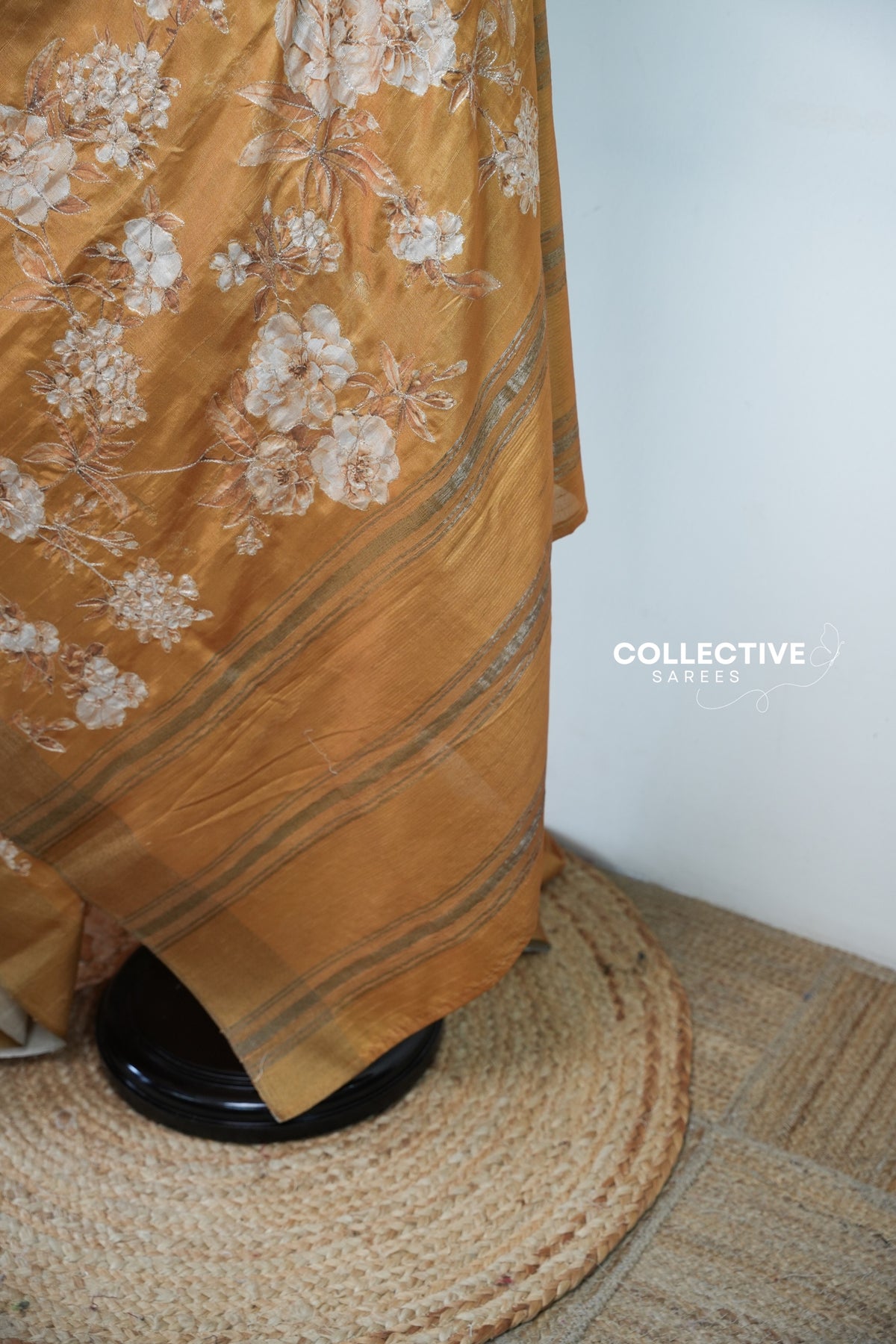 Mustard semi tussar saree pallu with zari stripes and florals
