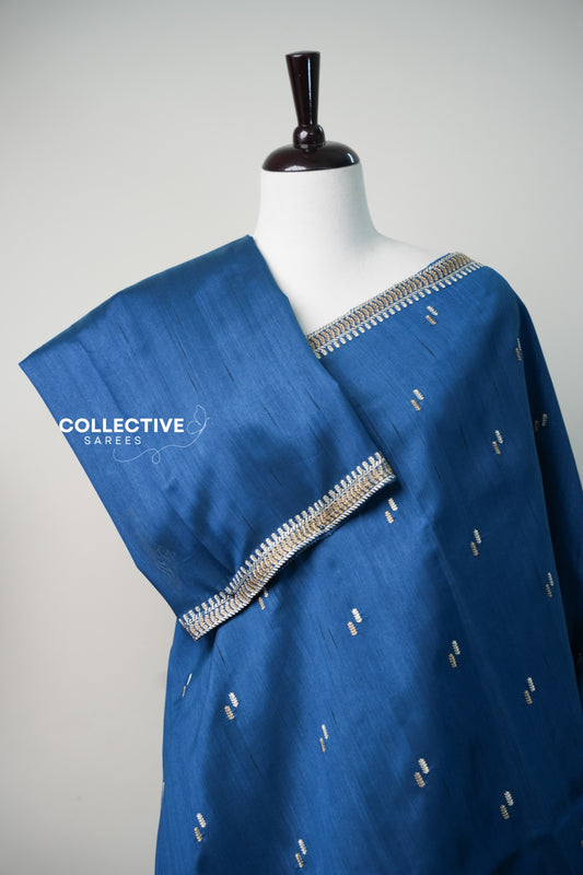 Blue saree with gold-toned and ivory leaf motifs — view 2
