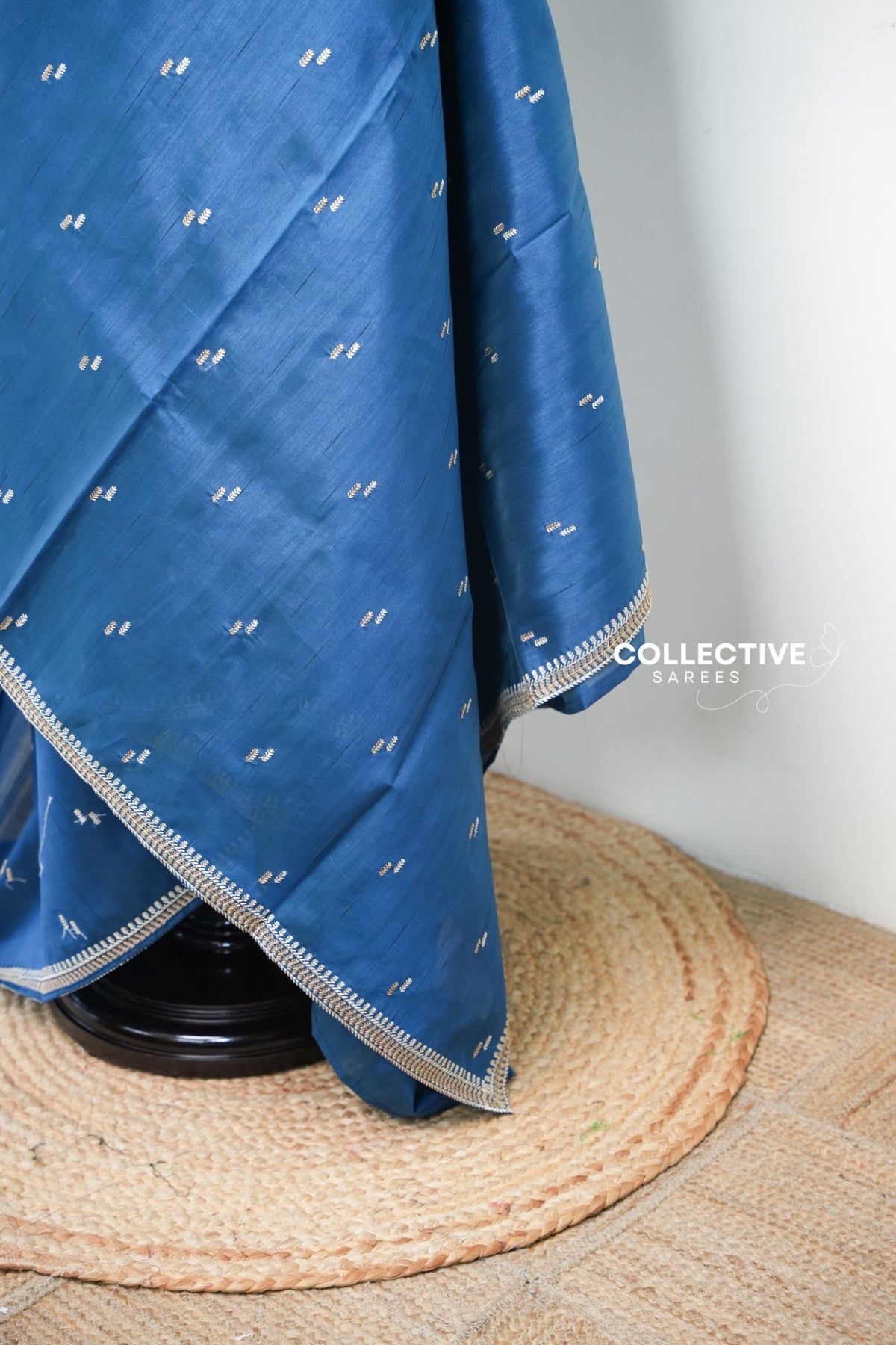 Blue saree with gold-toned and ivory leaf motifs — view 4