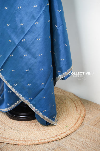 Blue saree with gold-toned and ivory leaf motifs — view 4